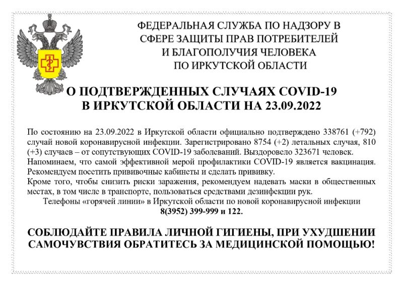 О подтвержденных случаях COVID-19 в Иркутской области на 23.09.2022